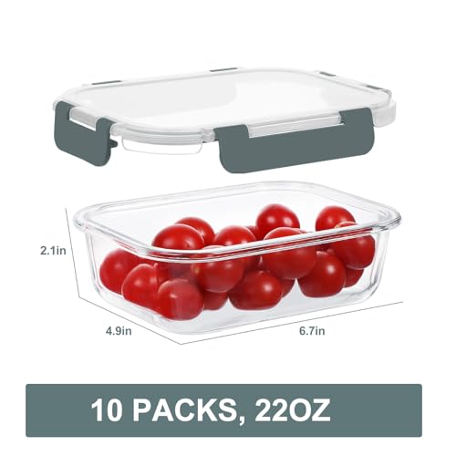 KOMUEE 10-Pack 22 oz Glass Meal Prep Containers - Gray, Airtight & Oven Safe