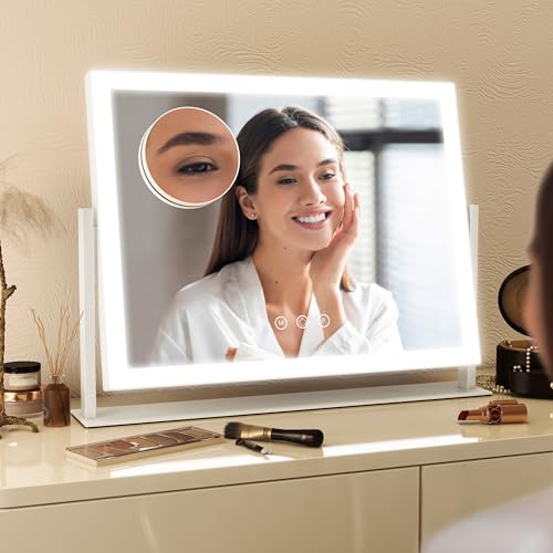 FENNIO 16.5" x 12.5" White Vanity Mirror with Lights, Touch Screen & 3-Color Dimmable Lighting