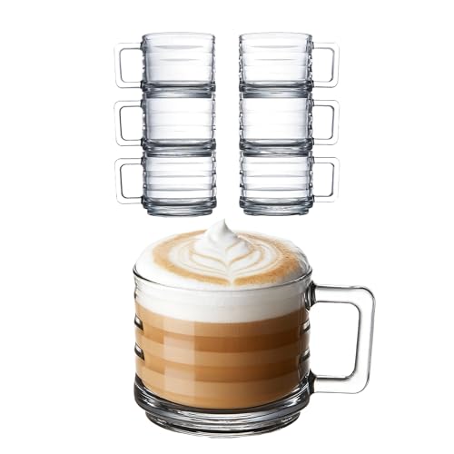 Set of 6 Stackable Fully Tempered Glass Coffee Mugs with Ribbed Design 250cc/8.5oz Turkish Coffee Cup