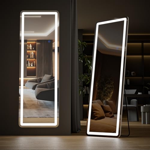 White 21x64 Inch LED Full Length Mirror with Lights - Wall Mount & Stand