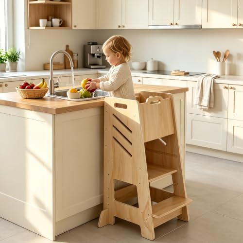 Wooden Toddler Tower with Sliding Panel, 3-Level Adjustable Kitchen Stool, Safe & Sturdy
