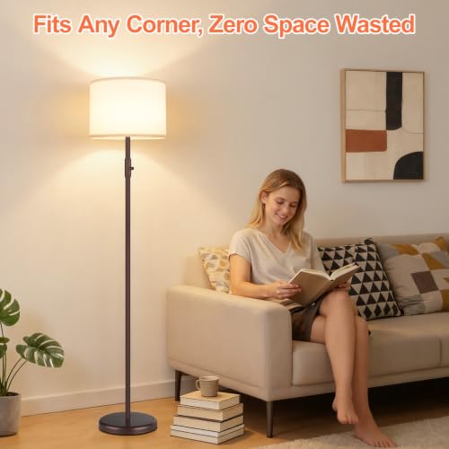 Yemela Upgraded Dimmable Floor Lamp with Linen Shade - Brown-Beige Tall Standing Light for Living Room & Bedroom