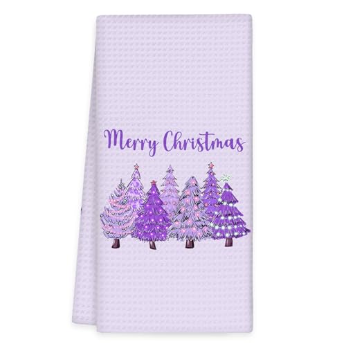 OINDADE Purple Christmas Tree Kitchen Towels - Winter Xmas Holiday Dish and Hand Towels, 16x24in, Decorative Xmas Bathroom & Kitchen Decor