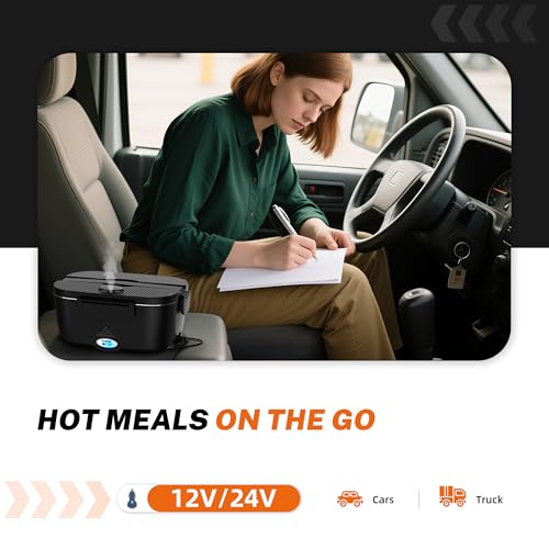 Electric Lunch Box 120W with 1.5L Stainless Steel Containers - Pure Black, Portable 12V/24V/110V