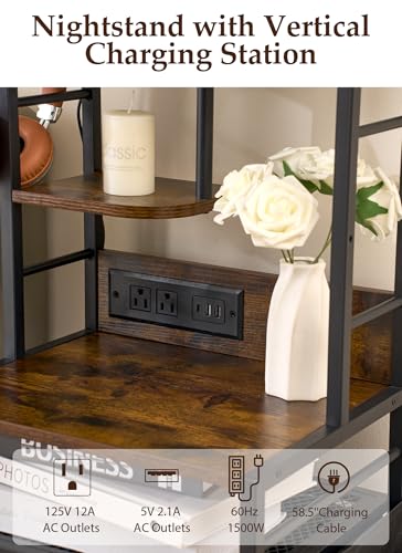 Baoz 57-Inch Brown Nightstand with Charging Station & 5 Drawers - Dorm Bedside Organizer, Adjustable Storage