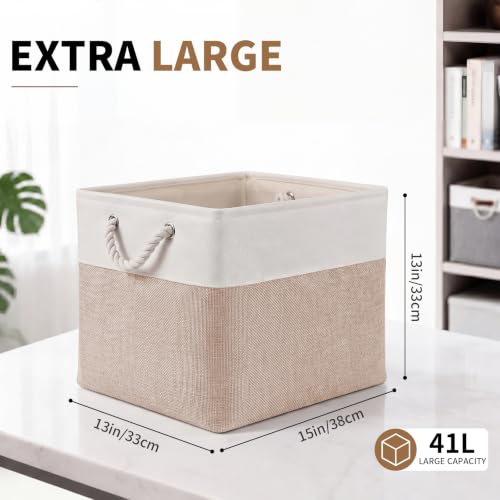 ISEMINGLA Foldable Fabric Storage Baskets 13x15x13 Inches, White & Beige, 6 Pack - Large Organizers for Clothes, Toys, Books