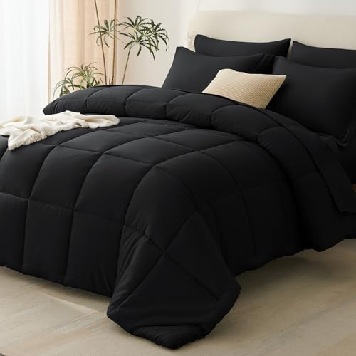 CozyLux Queen Comforter Set 7-Piece Bed in a Bag Black - Hypoallergenic Microfiber Bedding