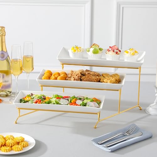 MALACASA 3 Tier Serving Tray Set - White Gold 14 Inch Porcelain Dessert Stand