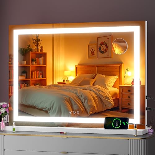 Square White LED Makeup Mirror with Lights 32x22 Inch, 10X Magnification, Dimmable & Touch Control