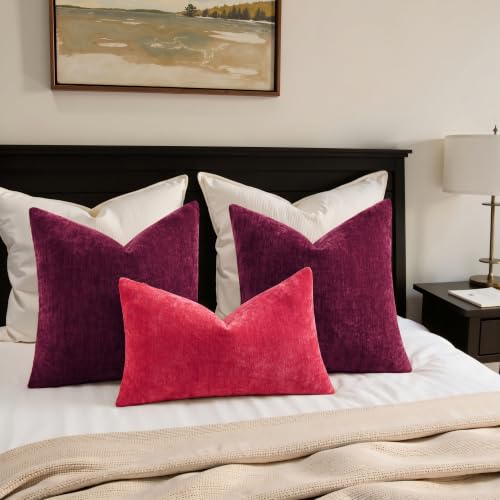 DecorUhome Christmas Red Throw Pillow Covers 16x16 Inches Set of 2 - Soft Chenille Home Decor