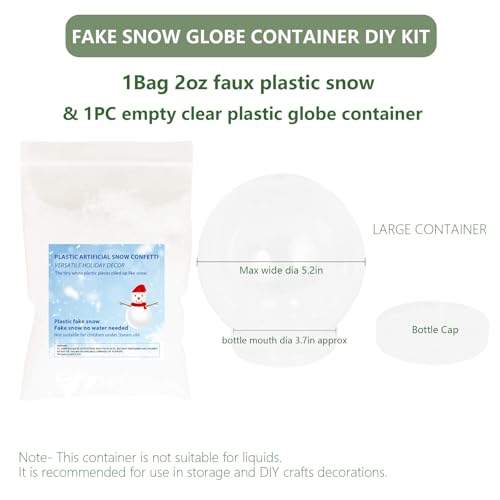 Fake Snow Globe Container Crafts Supplies DIY Kit- Artificial Christmas Snow Confetti 2oz & 5.2in Large Plastic Globe Storage Container Clear,Holiday Miniatures Decor for Snow flakes Winter Wonderland