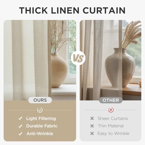 Joydeco Linen Curtains Set - Ivory on Linen, 52W x 96L, 2 Panels, Light Filtering