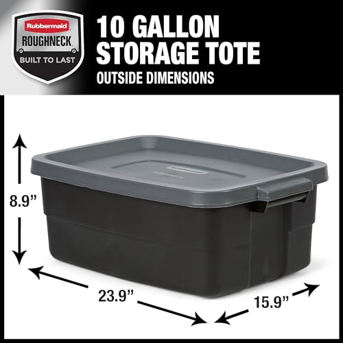 Heavy Duty Plastic Storage Totes 10 Gal 6 Pack with Lids - Stackable Garage & Attic Bins - Black & Gray