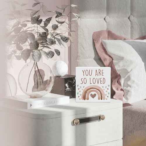 You Are So Loved Boho Rainbow Wooden Box Sign, Little Reminders Desk Sign, Inspirational Quotes Sign Decoration for Kids Room Office Nursery Playroom Girls Room Dorm -A26