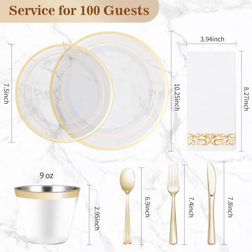 Clear Gold Disposable Dinnerware Set for 100 Guests - 700 Pieces