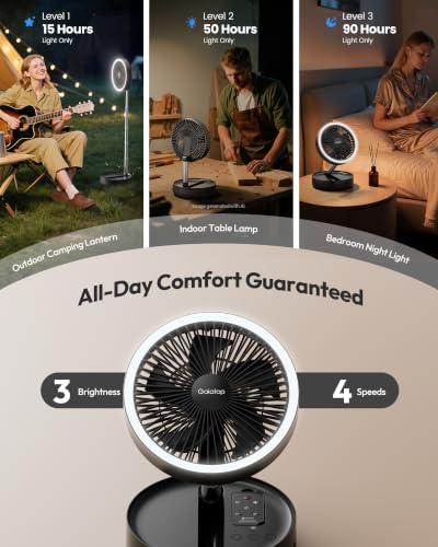 Gaiatop Portable Pedestal Fan with 16000mAh Battery, LED Light & Remote - Black