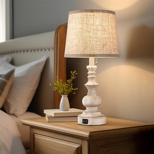 Drawealth Farmhouse Bedside Table Lamps Set of 2 - White, 22'' with USB Charging & Pull Chain