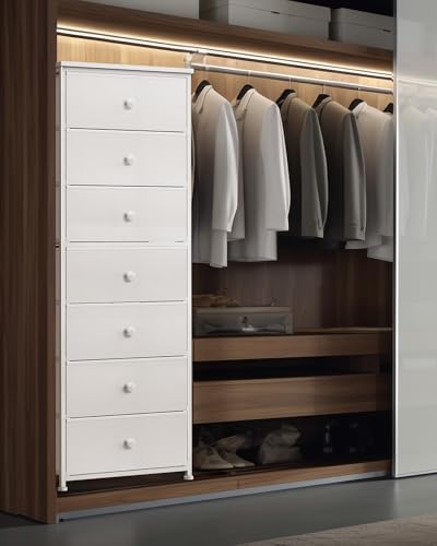 White Tall Fabric Dresser with 7 Large Drawers, Vertical Storage Tower for Bedroom & Closet