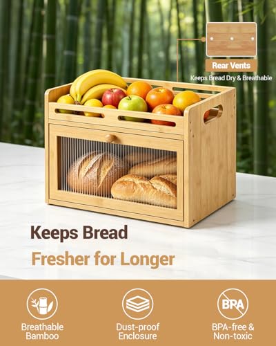 Coiesol Bamboo 1-Tier Bread Box with Top Shelf for Kitchen Countertop Storage