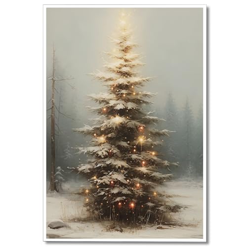 XMQQLL 16x24 in Vintage Christmas Tree Wall Art — Moody Neutral Canvas Print, Unframed