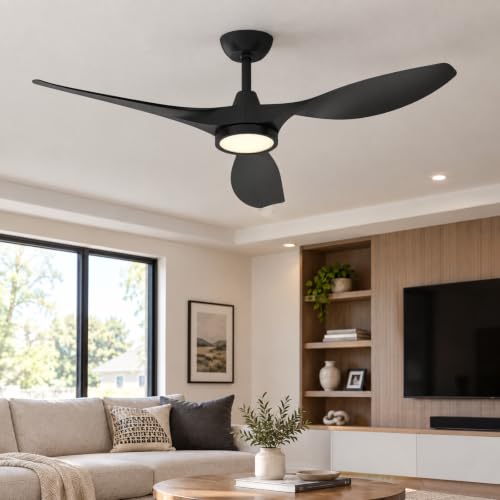 Roomratv 52 Inch Black Modern Ceiling Fan with Dimmable LED Light & Remote