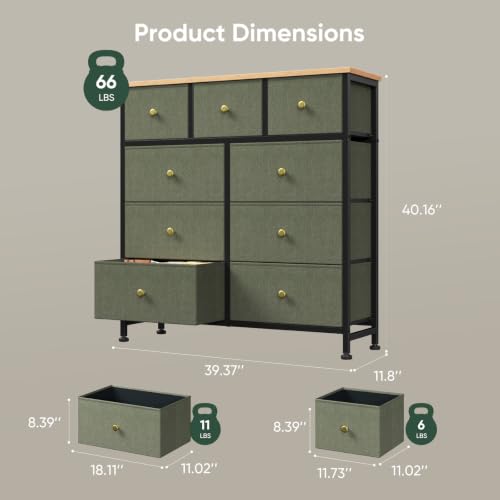 Sage Green Fabric Dresser with 9 Drawers - Bedroom Storage Tower, 11.8"D x 39.4"W x 40.2"H