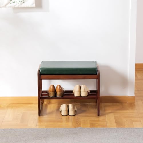 Solid Wood Shoe Bench with Cushion - 21.65 Inch Green Entryway Storage