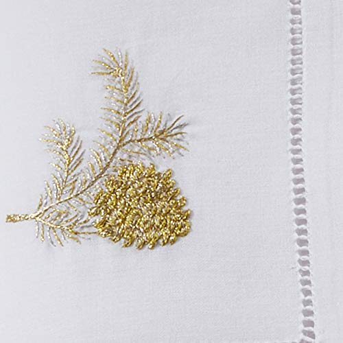 Pine Cone Embroidery Napkins Set of 6 - Handmade Cotton Table Linens with Hemstitched Border