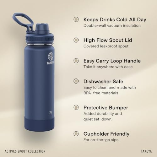 Insulated Stainless Steel Water Bottle 24 oz - Onyx, Leakproof, Keeps Drinks Cold 24H, Fits Most Cup Holders