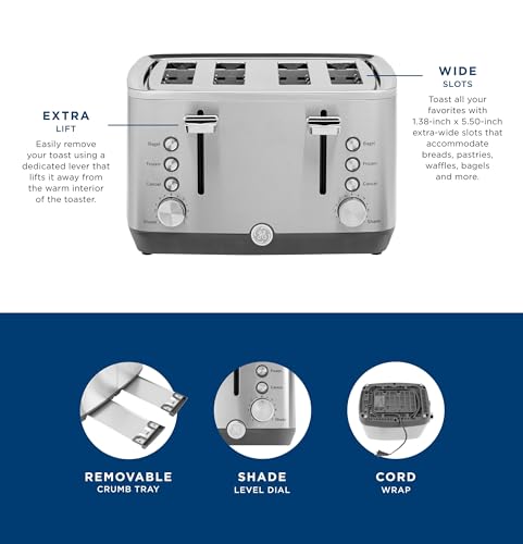 4-Slice Stainless Steel Toaster with Wide Slots & 7 Shade Settings - Countertop Kitchen Appliance
