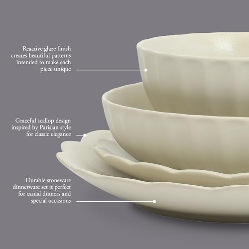 Cream White Malibu Shore 16-Piece Dinnerware Set for 4, Scalloped Edge Stoneware