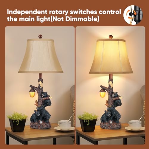 Rustic Bear Bedside Table Lamps Set of 2 with Nightlight & USB Ports