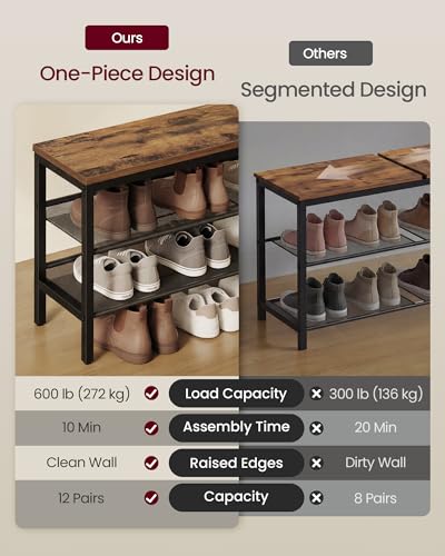 VASAGLE Rustic Brown & Matte Black 3-Tier Shoe Rack Bench with Raised Edges