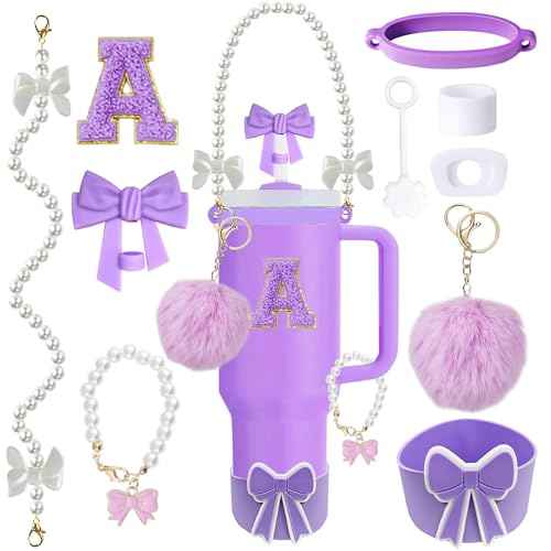 10PCS Purple Stanley Cup Accessories Set for 30oz 40oz Tumbler with Handle, Includes Pearl Strap, Bow Straw Topper & Boot, Decorations Charms, Letter Sticker, Spill Proof Stoppers(A, Purple)