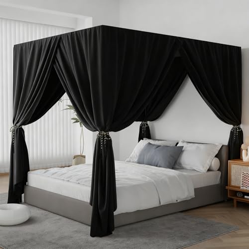King Black Canopy Bed Curtain 4 Corner Post Bed Drapes - Lightproof & Breathable