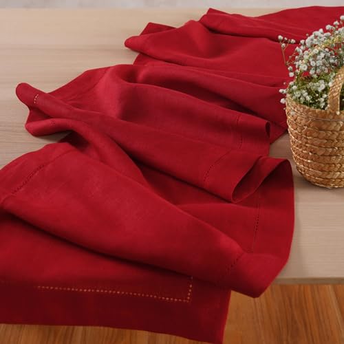 Red 100% Linen Table Runner 14 x 36 Inches with Hemstitch - Home Ekaa