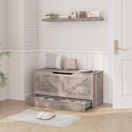 HOOBRO Greige 39.3" Wooden Storage Chest with Drawer, Safety Hinge, Entryway Bench