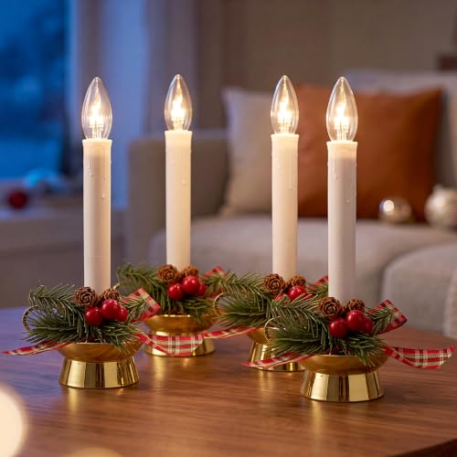 Hobbynors 4-Pack Golden Chamberstick Christmas Window Candles with Timer, 10.5 Inch LED Flameless Decor