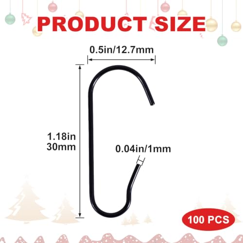Black Christmas Ornament Hooks - 100 Pcs Adjustable Metal C-Shaped Hangers for Tree Decorations