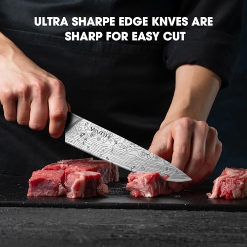 MOSFiATA 12-Piece Kitchen Knife Set with Storage Roll Bag & Sharpening Rod - Japanese Stainless Steel, Dishwasher Safe, Outdoor & Home Use