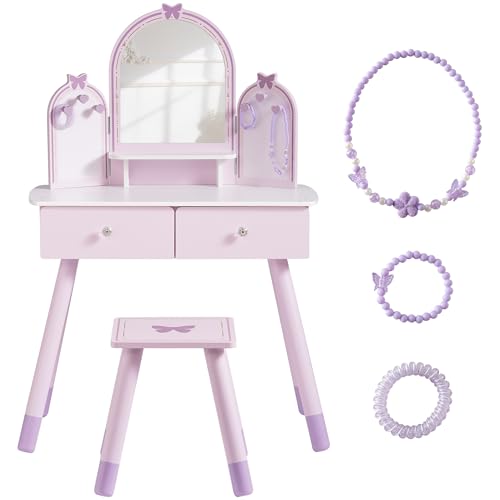 Kids Vanity Table Set with Mirror & Storage - Purple Girls Dress Up Furniture