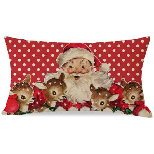 PANDICORN Vintage Christmas Pillow Cover 12x20 Inch Santa Reindeer Red Polka Dot Outdoor Christmas Decorations Xmas Winter Holiday Lumbar Decorative Throw Pillow Case for Home Couch Living Room Decor