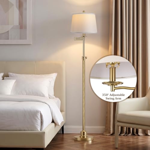 Antique Brass Floor Lamp with Swivel Swing Arm - Height Adjustable Mid Century Modern Tall Lamp for Living Room & Bedroom - LED Bulb Included
