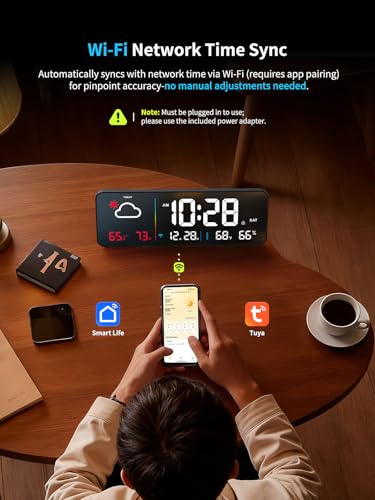 Large Digital Wall Clock with Weather & Network Sync - Black