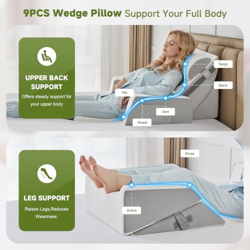 Yojoker 9PCS Wedge Pillow Set for Post-Surgery Support, Adjustable Full-Body Wedge Set in White-Grey