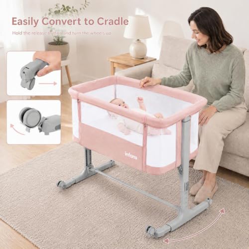 INFANS 3-in-1 Baby Bassinet Bedside Sleeper Pink 34x25x32 Inches with Rocking
