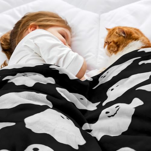 Halloween Ghost Throw Blanket Cute Funny Ghosts Blanket Soft Cozy Fuzzy Flannel Throw Blankets for Couch Bed Sofa Halloween Spooky Living Room Decor Boys Girls Blankets Gifts for All Season 50x60 Inch