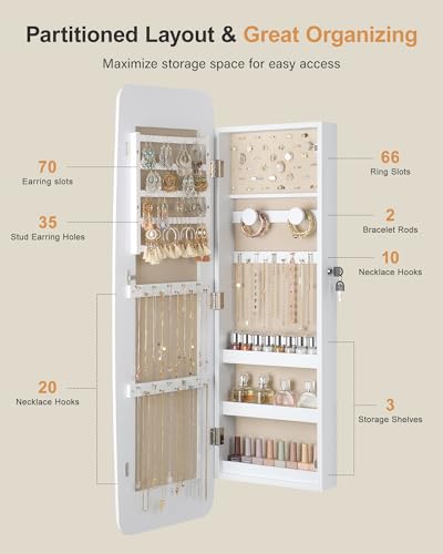 Nicetree Moon White Rounded Wall Jewelry Mirror Cabinet 3.78''D x 13.1''W x 40.75''H