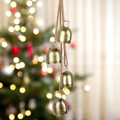 Christmas Bells for Decoration, Gold Bells with Jute Rope, Vintage Decorative Cow Bell, Metal Hanging Bell for DIY Wreaths, Parties, Weddings, Home Decor (4 Bells)