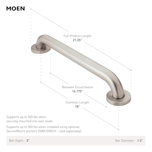 18 Inch Stainless Steel Handicap Grab Bar - Peened Finish, Slip Resistant, Elderly Safety